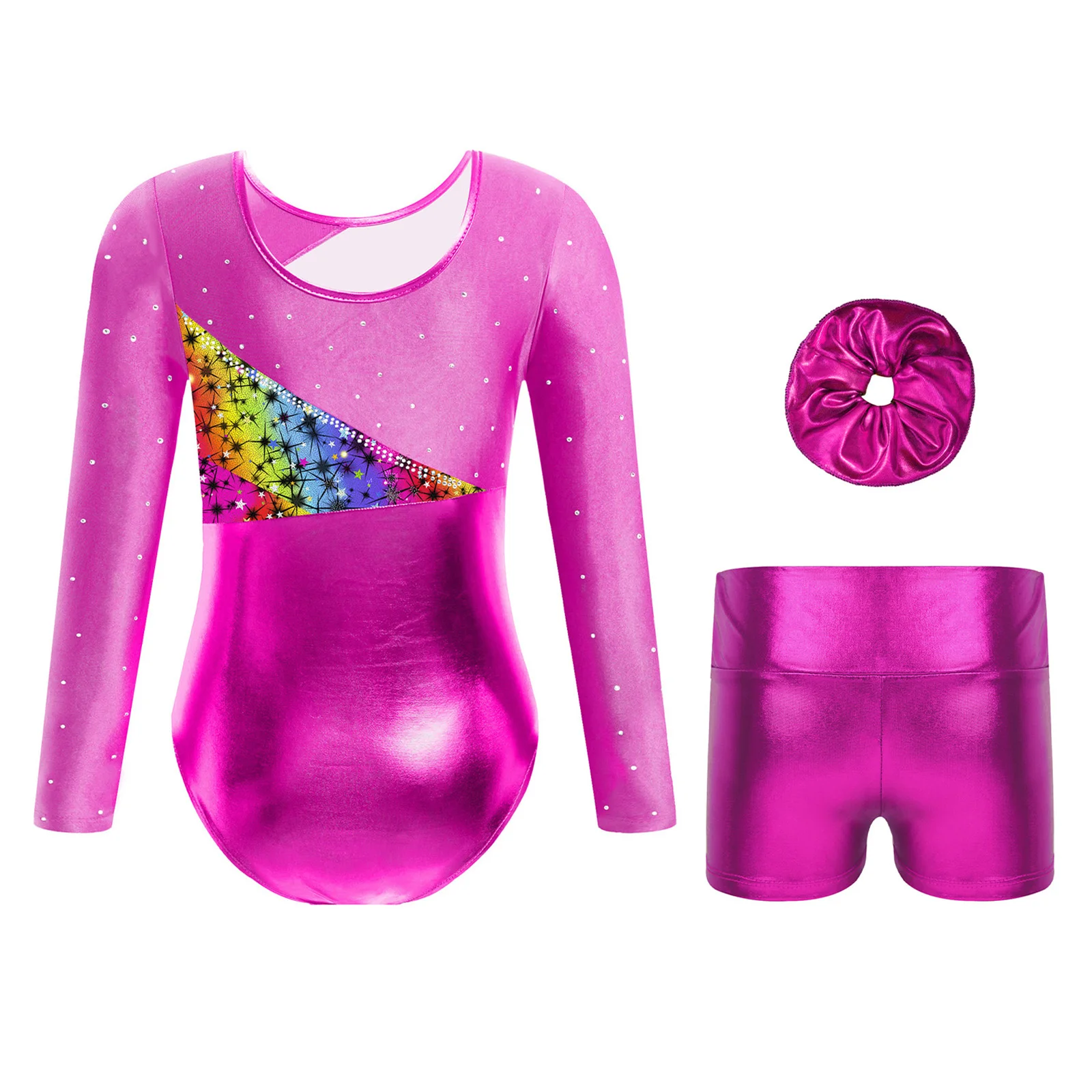 3Pcs Kids Girls Gymnastics Outfit Ballet Dance Costume Long Sleeve Metallic Leotard with Short Hair Band Yoga Sport Set Swimwear