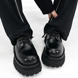 2025 Men's High-Grade British Formal Wear round Toe Leather Style Thick Sole Increased Big Head Derby Shoes