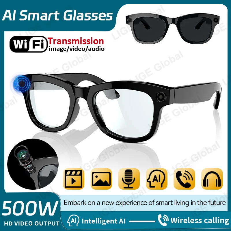 

LIGE 5 Million Pixels Camera Smart Glasses Recording Videos AI Photo Recognition Chat Translation 250mAh Bluetooth Sunglasses