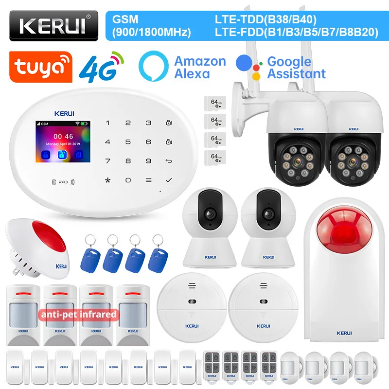 

KERUI 4G Home Security Alarms W204 WIFI GSM Alarm Tuya Smart Alexa Anti-pet Motion Sensor Detector Door Sensor Siren RFID Card