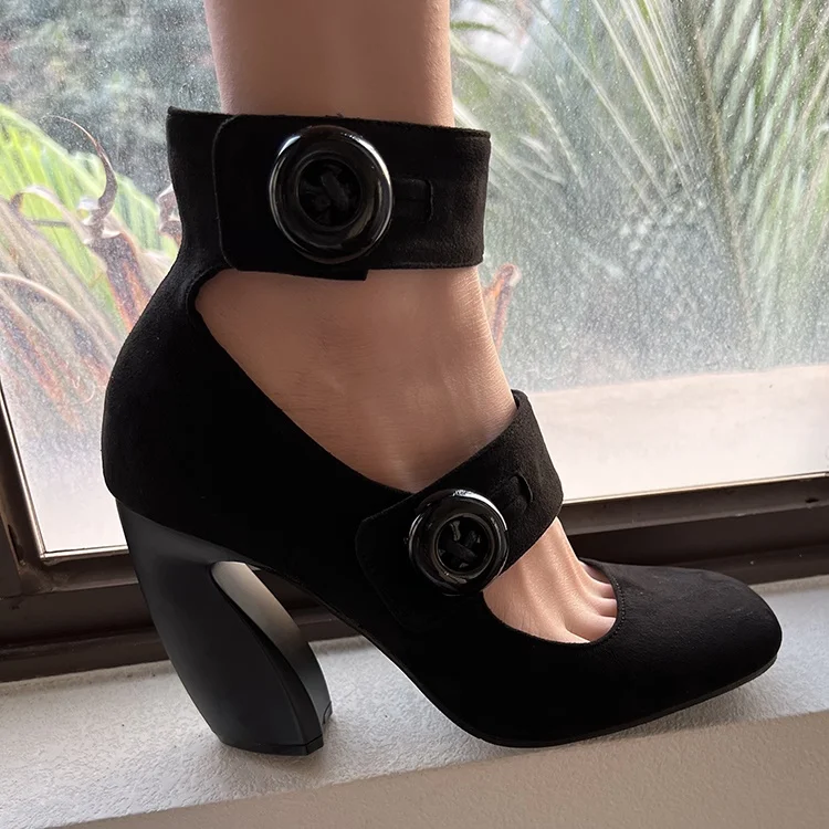 

Retro Round Toe Mary Jane Women Pumps Solid Color Suede Shallow Thick Heel One-Strap Sandals 2025 Summer New Fashion Shoes 9Cm