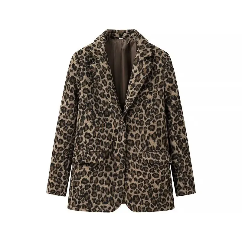 Autumn Winter New Women's Leopard Blazer Jacket Single breasted Long sleeved Animal Pattern Suit Coat