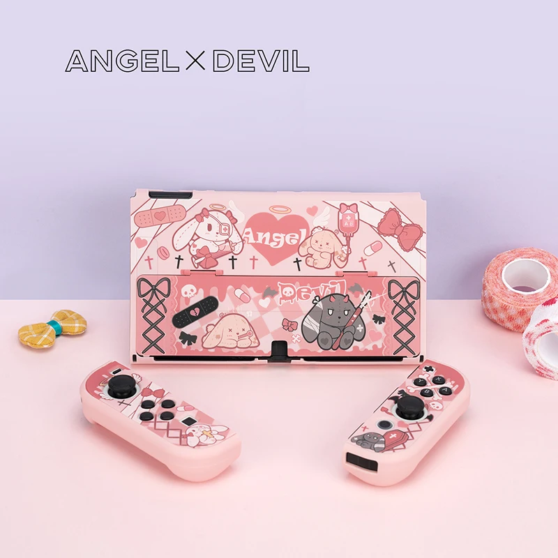 Niedliche Hase ns oled Schutzhülle für Nintendo Switch oled Dock able Cover Split Design Harts chale Zubehör rosa Fall