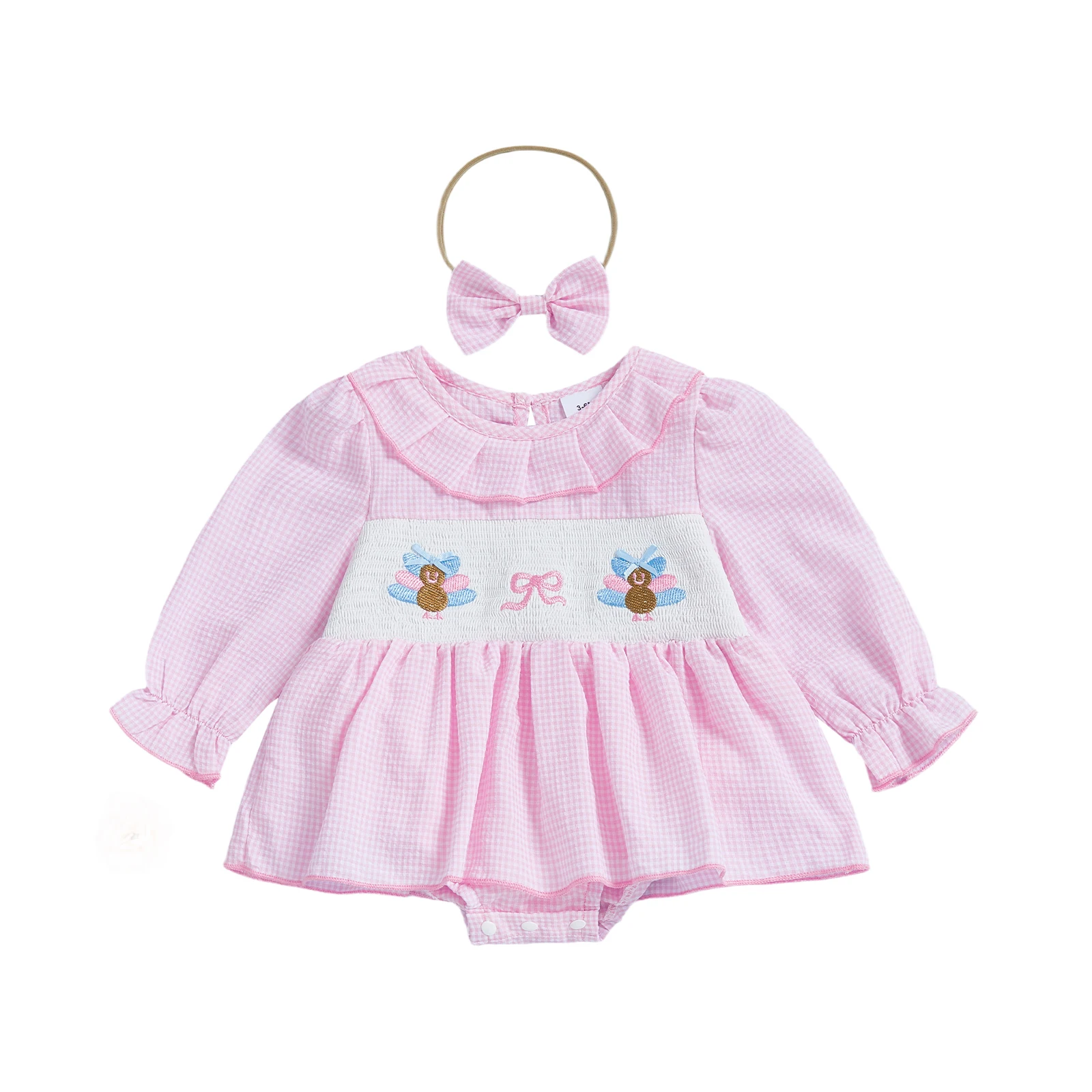 

Baby Girl Thanksgiving Outfit Turkey Letter Embroidery Plaid Long Sleeve Romper Dress Bow Headband 2 Piece Set