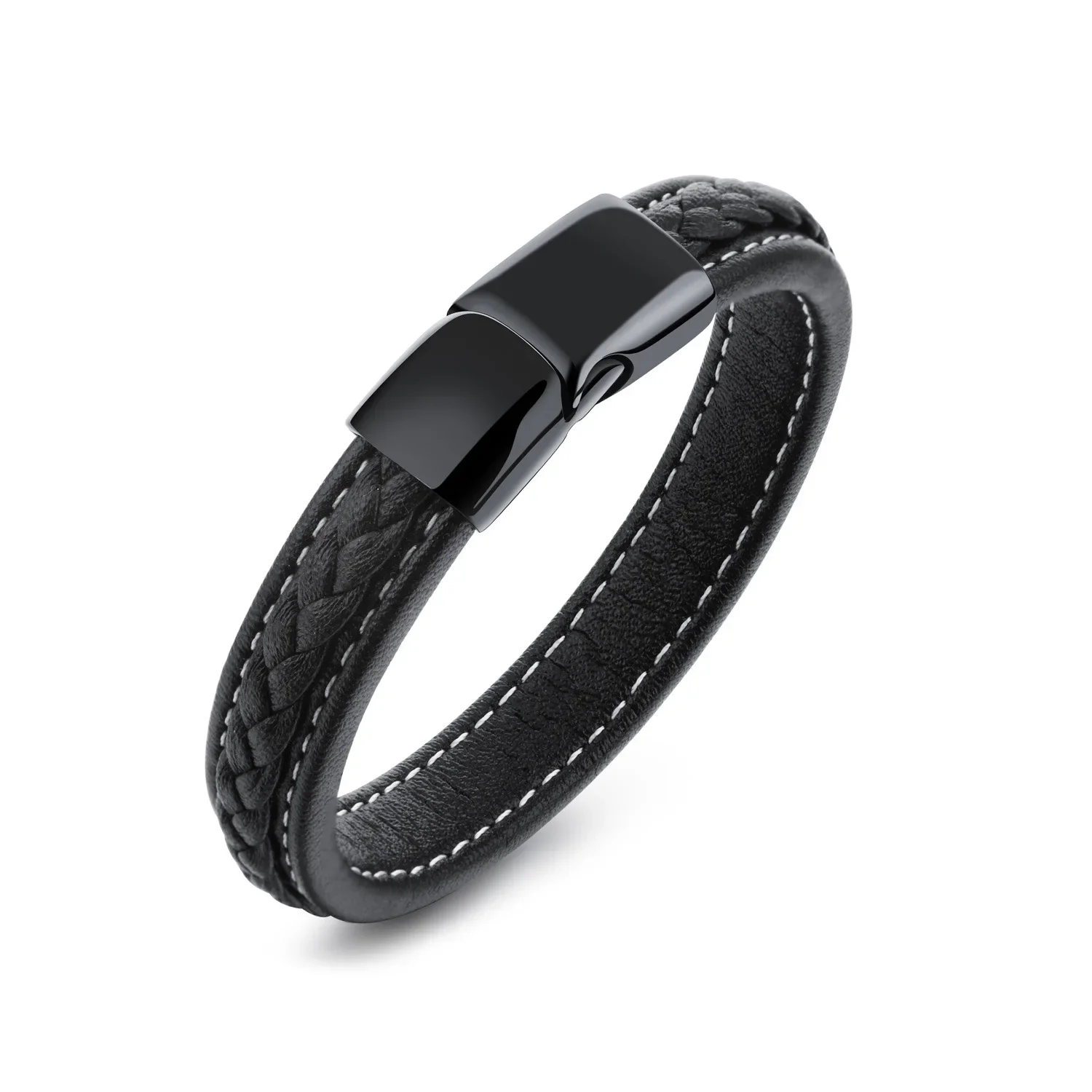 Pulsera de cuero trenzado multicapa PPW1 para hombres, brazalete magnético de acero inoxidable, regalo de joyería