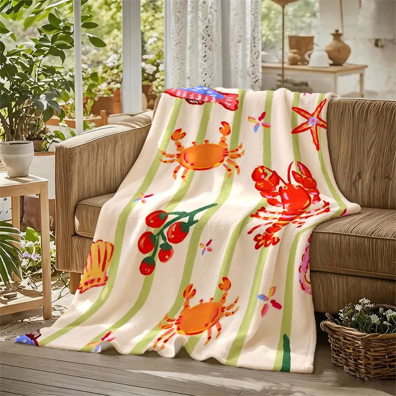 Seafood Striped Print Flannel Blanket Warm Soft Halloween Christmas Decorative Couch Warm Cozy All-Season Gift