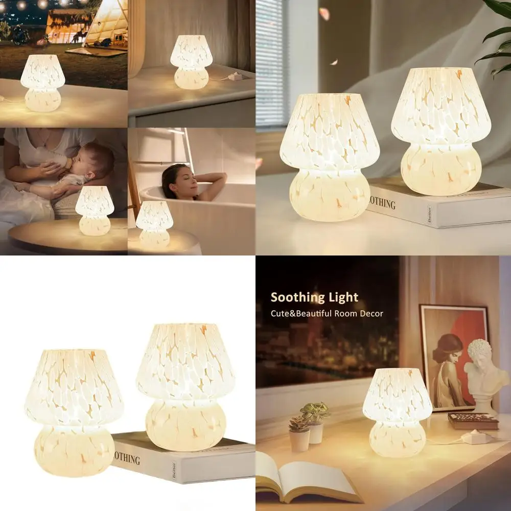 

Dimmable Small Mushroom Table Lamp Set, Translucent Glass, White for Bedroom, Kids Room, Living Room, Kitchen, Murano Style Home