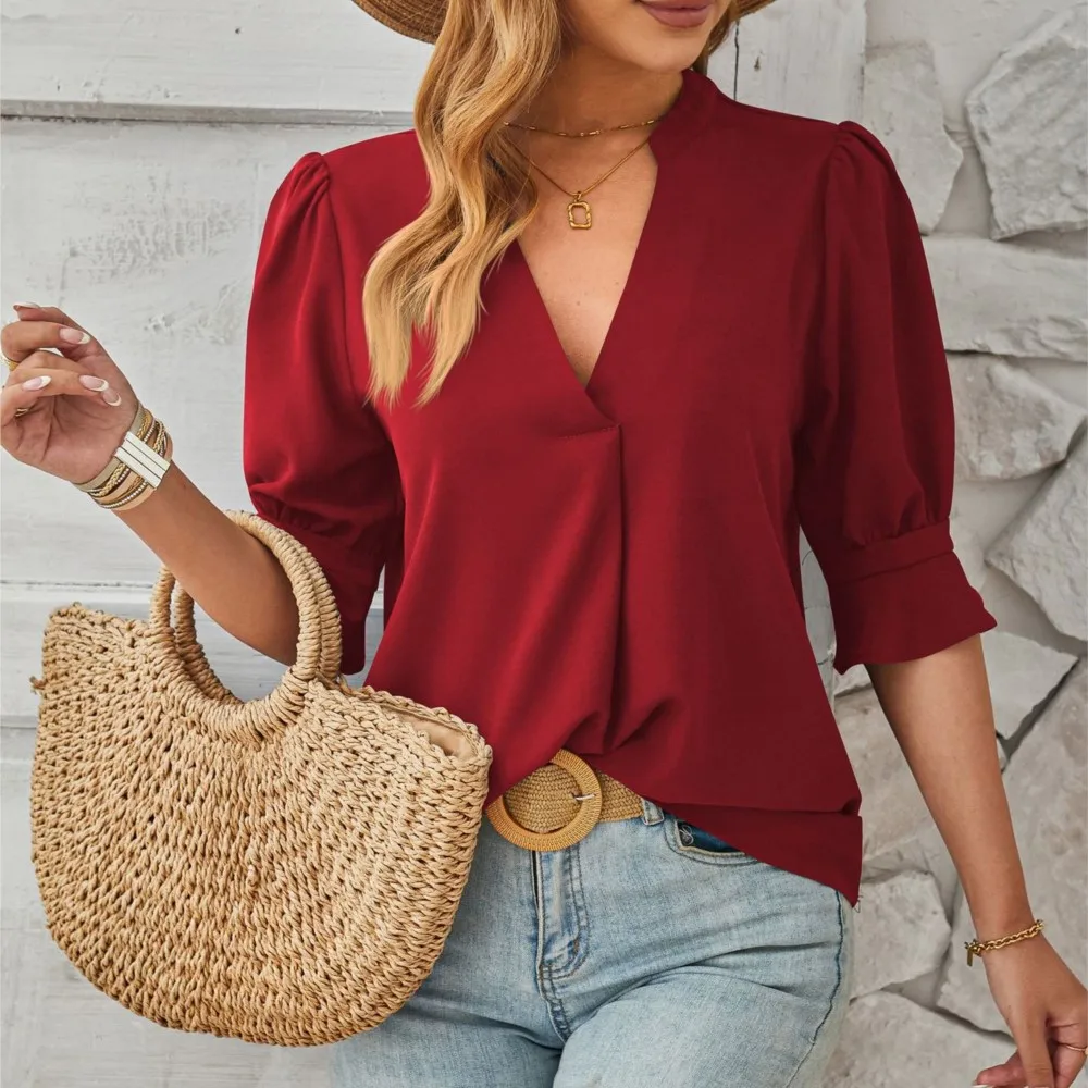 Elegant Office Shirt For Women 2024 Spring/Summer New Collection Solid Color V-neck Mid Sleeve Casual Blouse Top Blusa Femininas