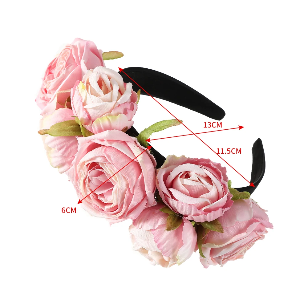 Haimeikang New Rose Diadem Flower Tiara Headband for Women Big Pink Floral Crown Wedding Garland Hair Flowers Bride Headwear