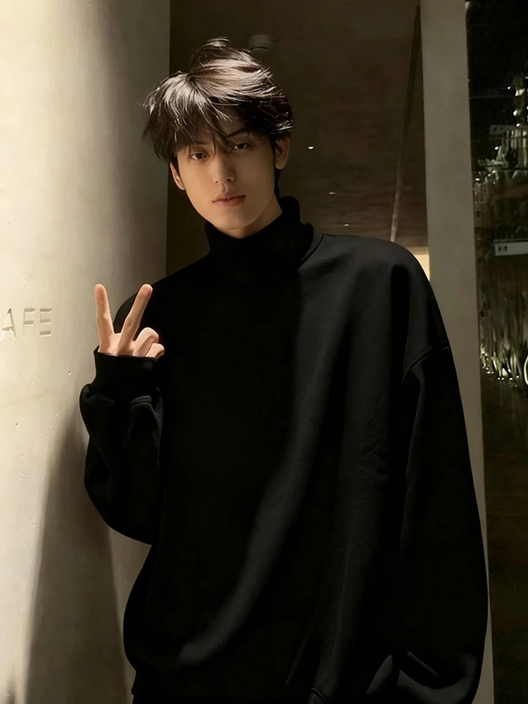 

Men's High Collar Fce Lined Knitwear Thiened Winter Sweater Inner Wear Casual Loose Fit Polyester Fiber Long Sve Top