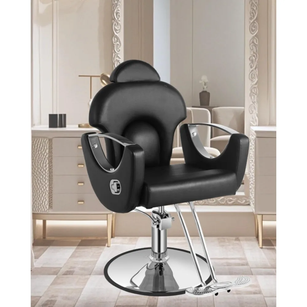 كرسي حلاقة صالون أسود، كرسي صالون للاستلقاء لمصفف الشعر للمنزل، كرسي حلاق مع مضخة هيدروليكية، 360 درجة °   دوار، جمال