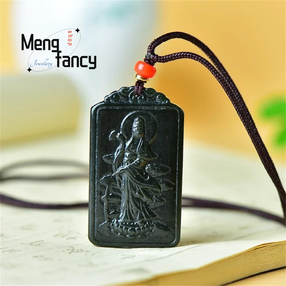 

Natural Hetian Green Jade Double-sided engraving Koi Lotus Guanyin Pendant Simple Retro High-grade Fashion Jewelry Holiday Gift