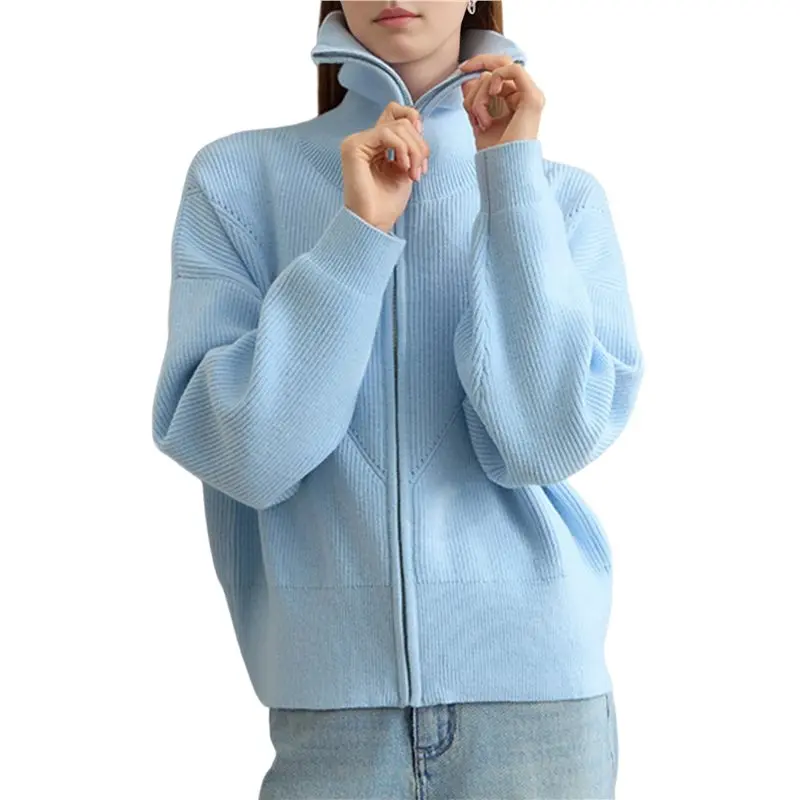 

CYL-Womens Fall Long Sleeve Zip Up Cardigan Sweaters Casual Loose Collared Ribbed Knit Tops Jackets Sky Blue One Size