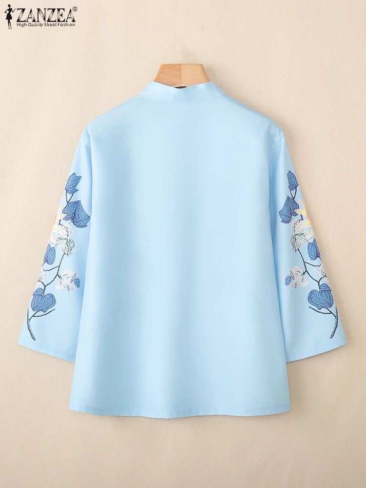 ZANZEA-camisas elegantes con estampado Floral para mujer, blusas informales con cuello levantado y manga 3/4 abotonada, camisas holgadas de otoño 2025 para mujer