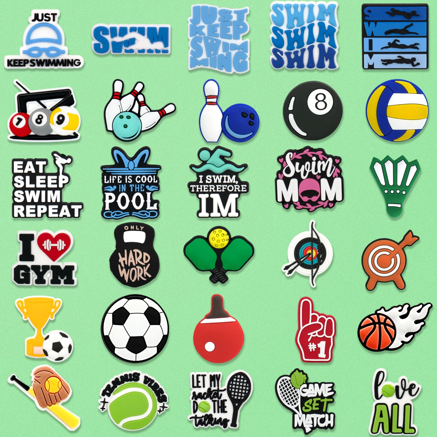 1/30/90pcs  Swimming Sport Shoe Accessories Charms for Kids Tennis Volleyball Basketball Football Shoe Decoration Fits All Clogs