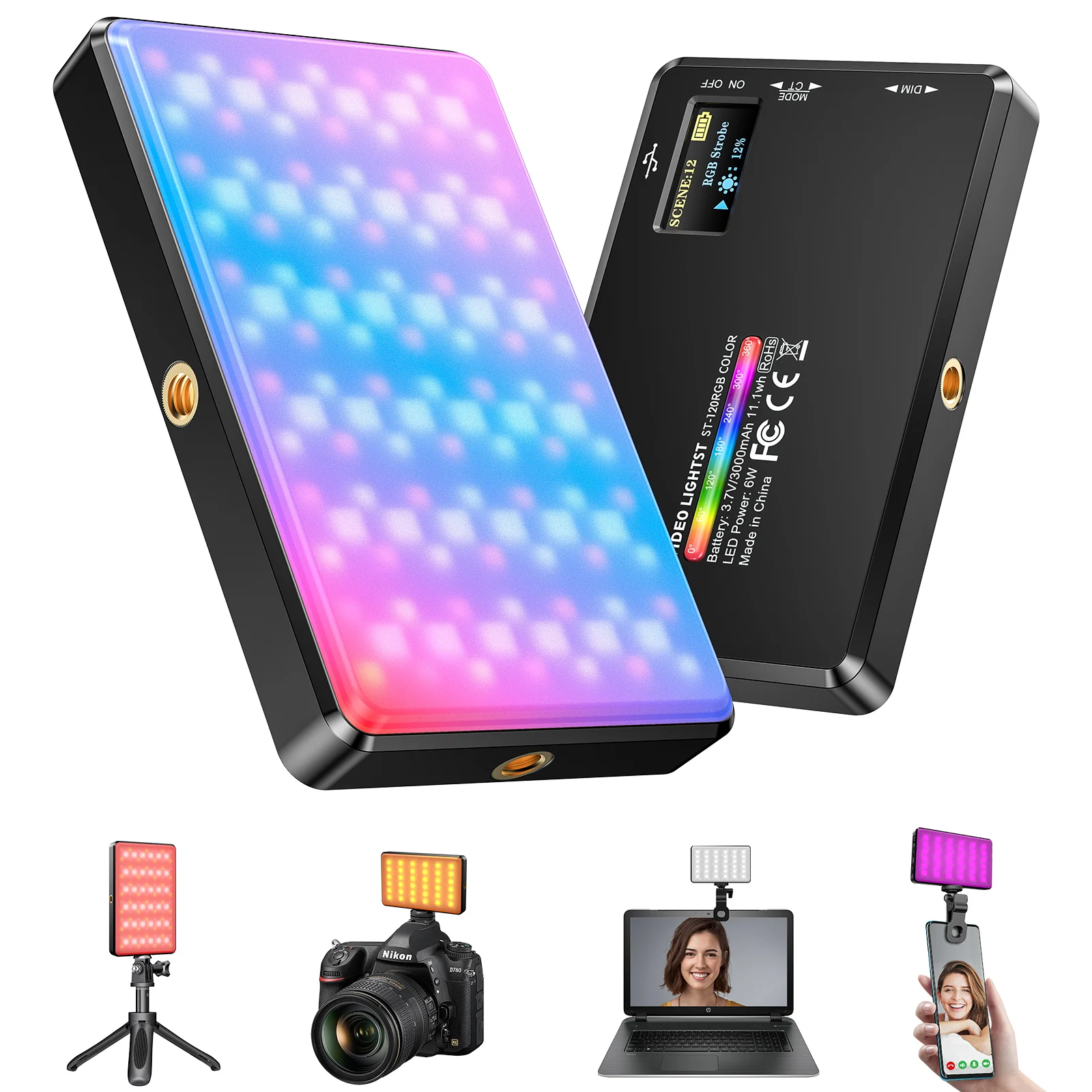 Full Color RGB LED High Power Rechargeable Video Fill Light with Clip Adjusted 2500K-9000K Bi-Color Panel Light for Phone Lamp