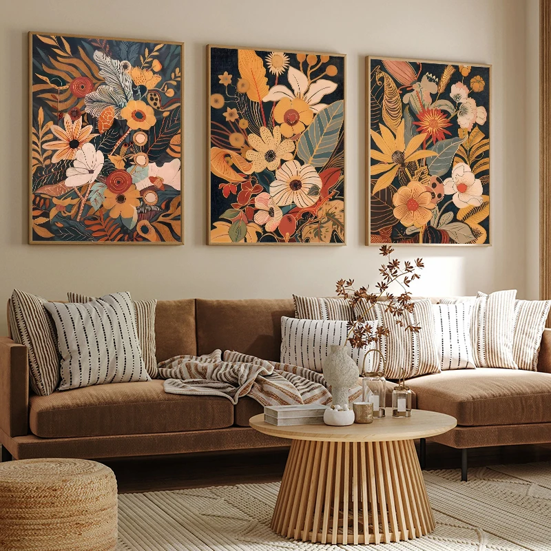 Mid-Century Modern Bohemian Flower Bouquet Botanical Art Autumn Abstract Poster Canvas Paintings Wall Art HD Pictures Home Decor