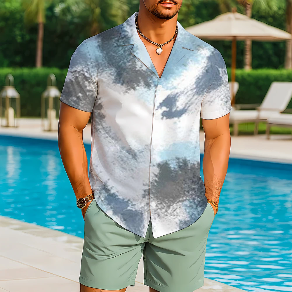 Fashionable Tie-dye Hawaiian Shirt With Retro HD Print Casual Breathable Comfortable Men's Clothing Travel Beach Gift Soft Tops