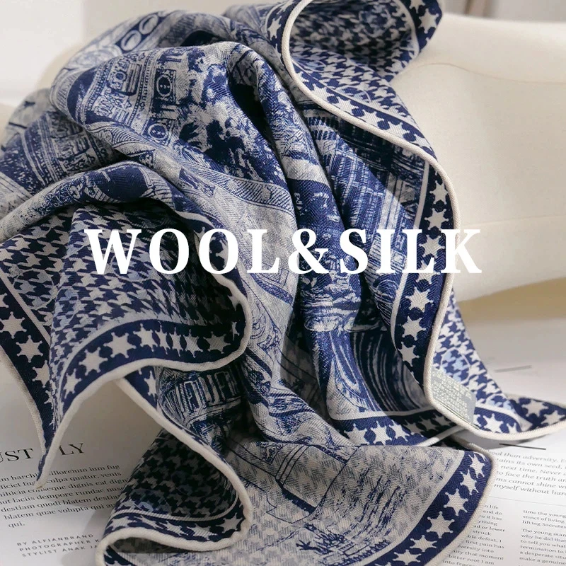 

70% Wool 30% Silk Scarf Winter Women Elegant Ethnic Blue Geometric Print Square Scarf Women's Warm Scarf Hijab Shawl