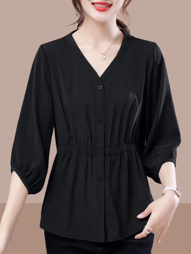 Chemise de printemps à simple boutonnage pour femme, monochromatique, col en V, manches trois quarts, tempérament simple, mince, dame de bureau, tout match, confortable