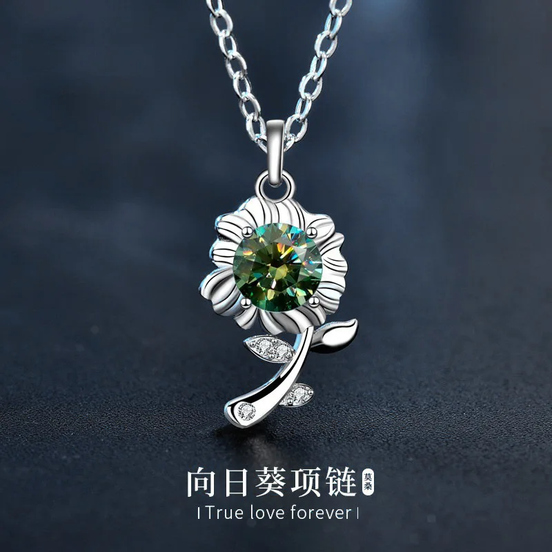 

Серебряное колье 925 пробы, зеленый муассанит, подвеска в виде цветка подсолнуха, украшение в виде подсолнуха, подарок на День святого Валентина
