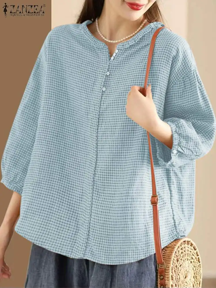 ZANZEA Fall 2024 3/4 Sleeve Gingham Blouses Checked Women Harajuku Ruffles Blusas Korean Fashion Holiday Casual Loose Shirt Tops