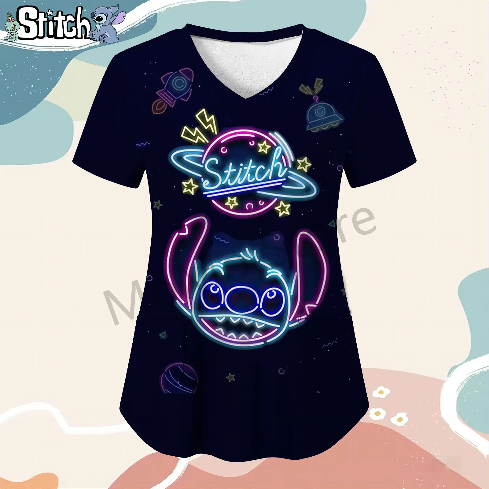 

Women's V Neck Nurse Uniform T-Shirt Disney Stitch Kawaii Pocket Short Sleeve T-shirts S-2XL Youthful Woman Clothes Summer Y2k