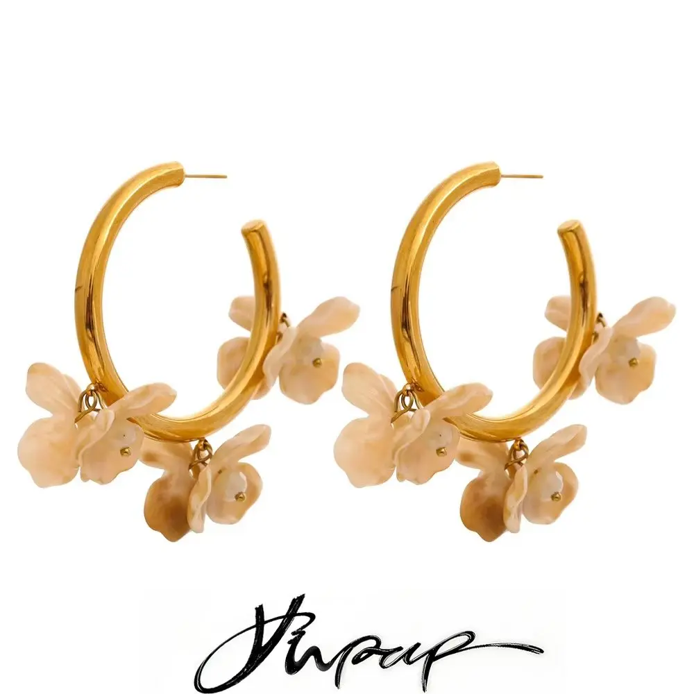 Yhpup Multi Color Stainless Steel Resin Flower Huggie Earrings 18K Gold Color PVD Plated Summer Charming Jewelry