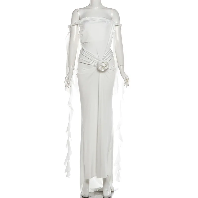 SylCue Eleganckie Długie Sukienki Damskie z Marszczeniami, Dekolt typu Slash, Odkryte Plecy, Ozdoba z Kwiatami 3D i Wstążką, Suknia Wieczorowa na Bal Maturalny, Vestidos