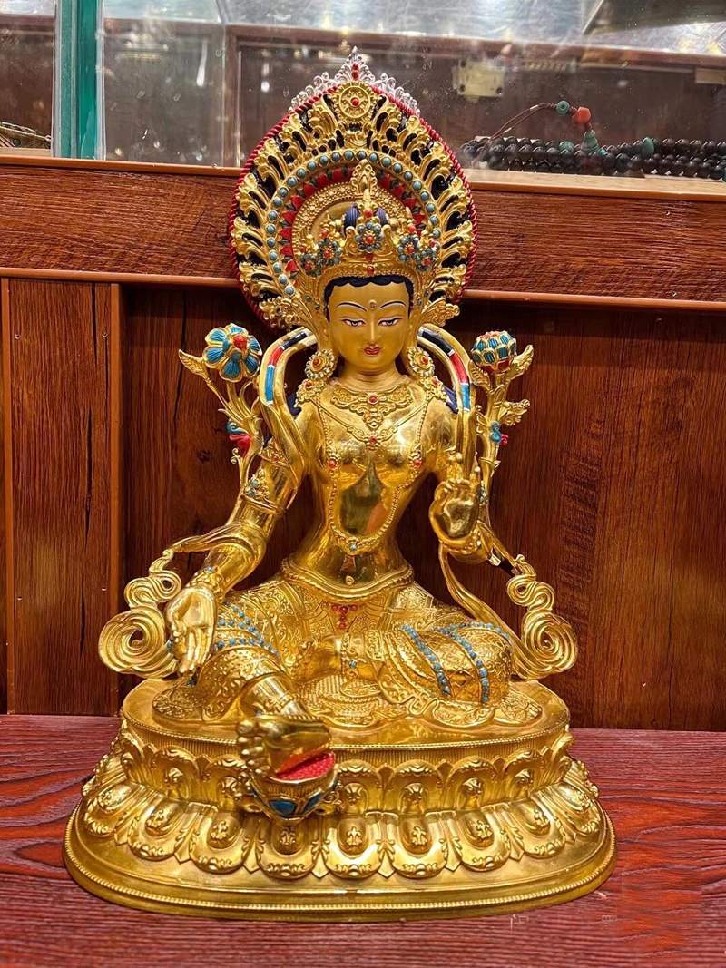 

36cm large 5A GOOD Buddhism gilding copper Buddha statue HOME worship family Nepal Green Tara Guanyin