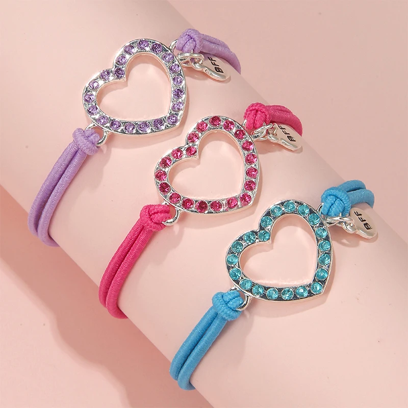 3Pcs/set Crystal Heart Shaped Charm Elastic Rope Bracelet for Girl Hairband Use BFF Best Friend Gift