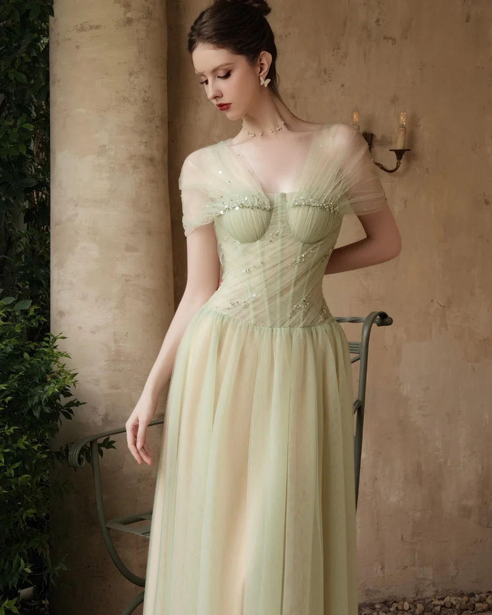 

Customized Green Pastrol Elegant Tulle Beading Sequined Rhinestone A-line Off-the-shoulder Ankle Length Evening Dresses