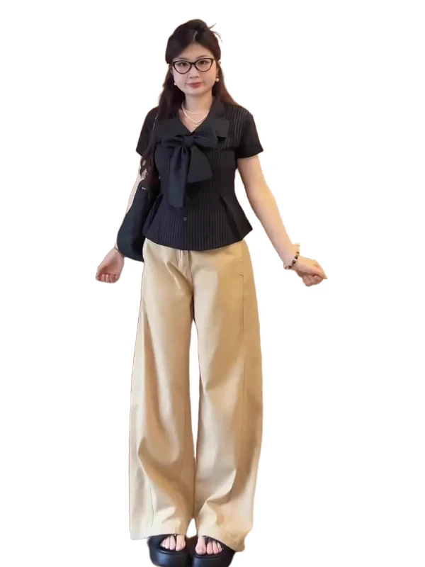 Ele Knot ort Sve irt Damen Faion Schlankheitsstreifen-Top Korean Sle Commute Wind Plus Size Big MM