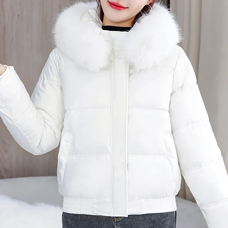 Woman Short Parka Winter Long Sleeve Outerwears Hooded 2024 Casual Faux Fur Collar Loose Thick Warm Lady Jackets