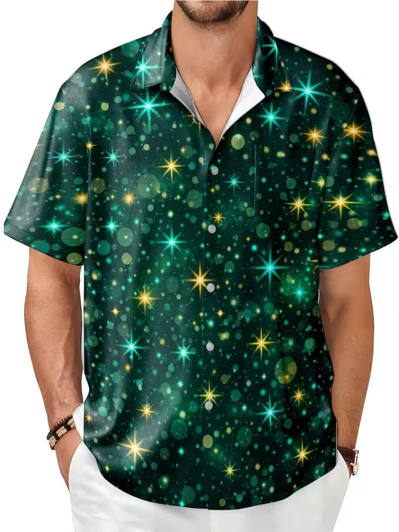 

Men's Green Glitter Star Print Hawaiian Shirt Casual Short Sleeve Button Down Beach Vacation Shirts Streetwear Top For Party