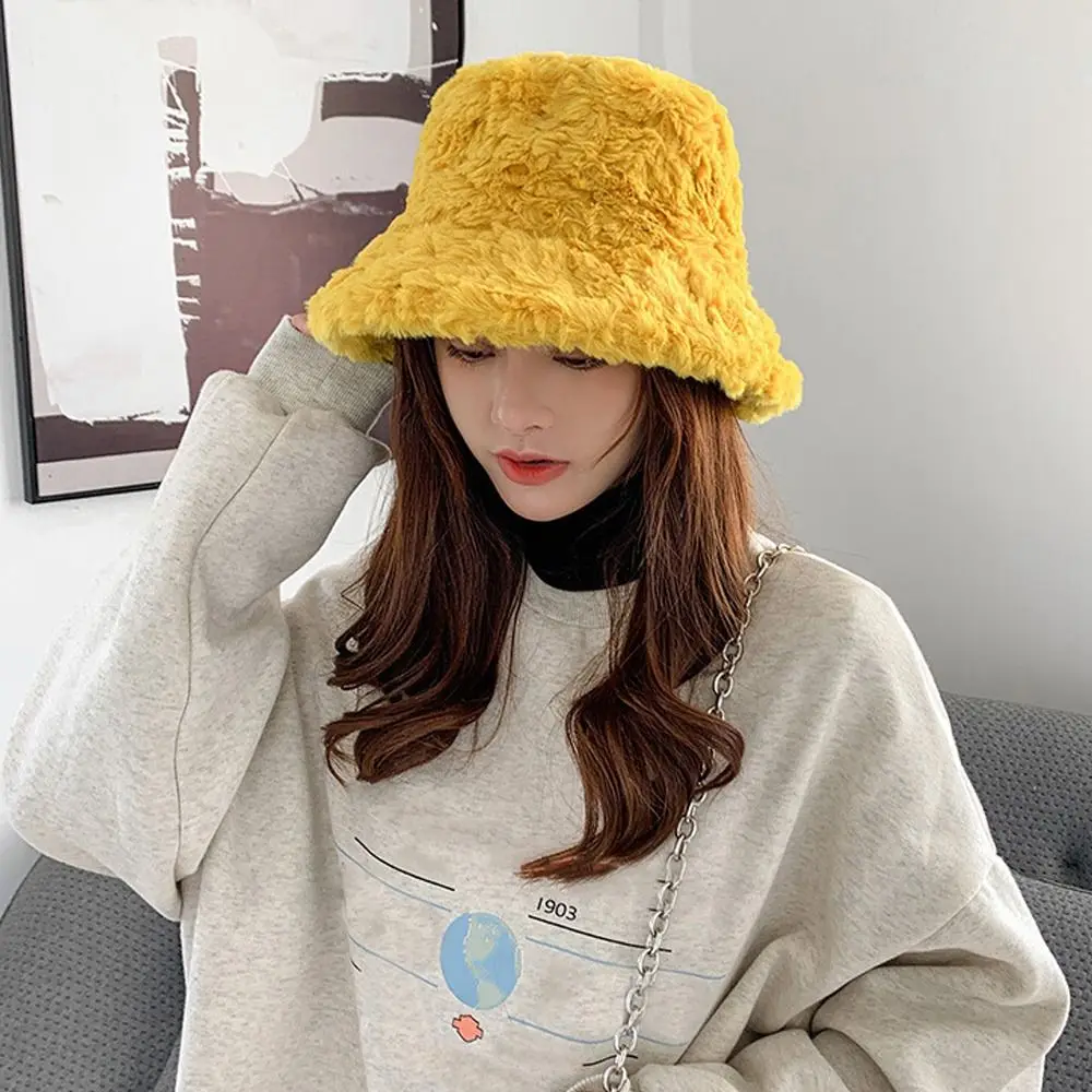 2022 Winter Faux Fur Fluffy Bucket Hats Women Outdoor Thick Warm Hat Soft Furry Fisherman Cap Girl Fashion Panama Sun Cap