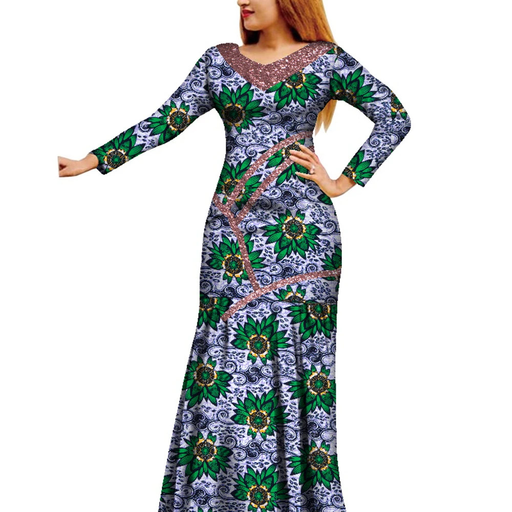 

Африканское женское платье, африканское платье с восковым принтом, платье макси с длинными рукавами Bazin Riche, женская африканская одежда WY8679