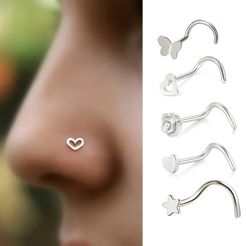 5Pcs Stainless Steel Nose Ring Hypoallergenic Nose Nail Piercing Jewelry Suitable For Everyday And Party Wear Multiple Colors