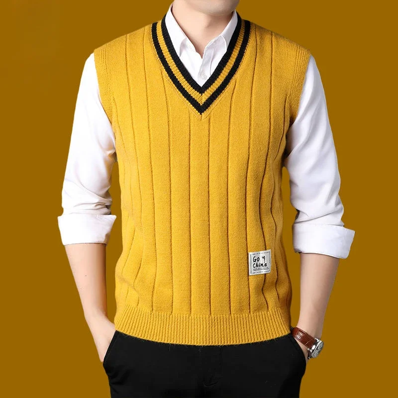 Men's Clothing Icon Knit Sweater Male Sleeveless Striped Waistcoat Vest Beige Heated Korean Style High Quality Replica ZL472