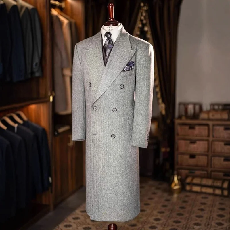 

Autumn & Winter Long Men's Coat Herringbone Pattern Classic Formal Banquet Double Breasted Slim Fit Single Jacket Polo Coat Warm
