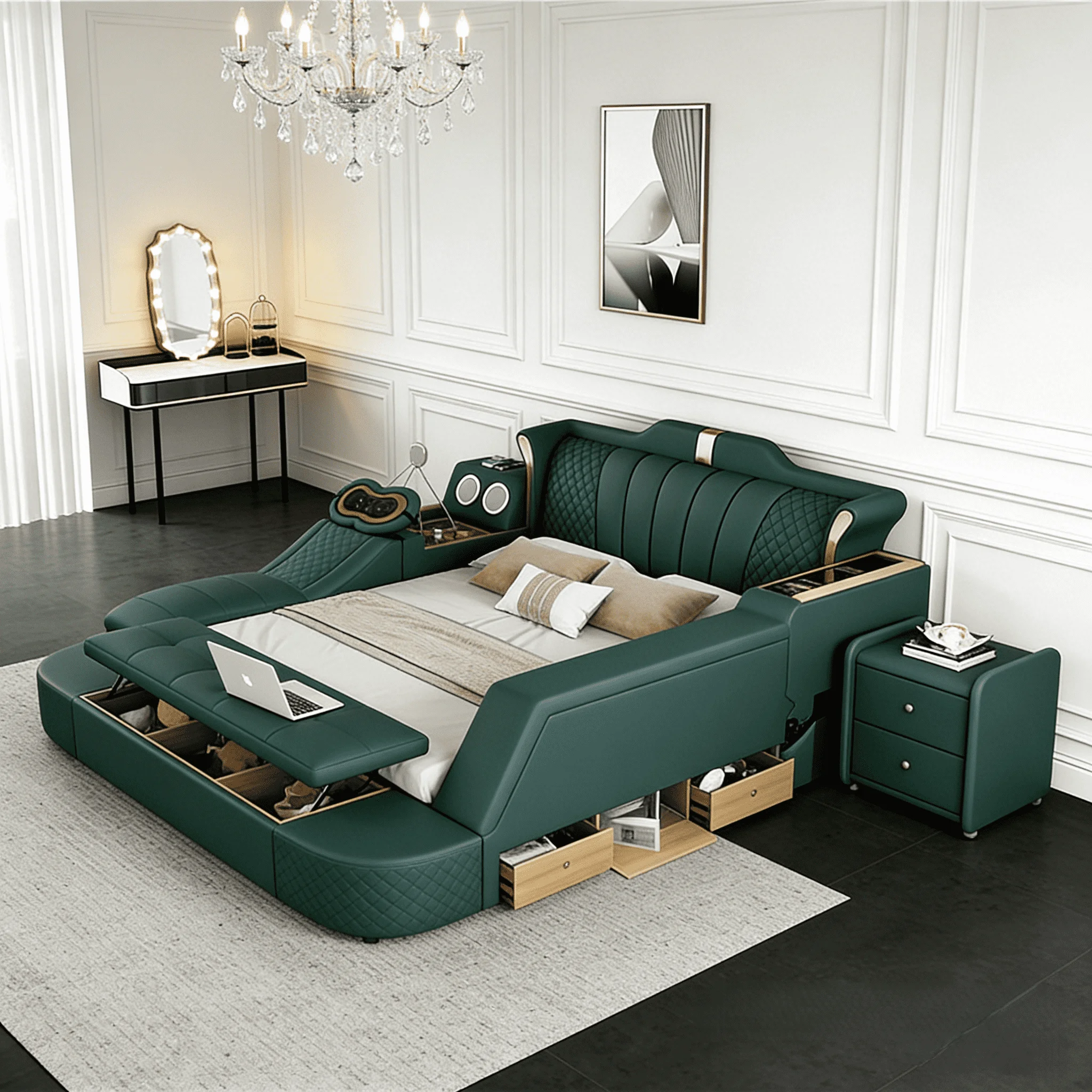 MS-Leather Bed Frame Bedroom Furniture Modern for Led Multifunctional Adjustable Wooden Smart Electric Wooden Massage Bed&