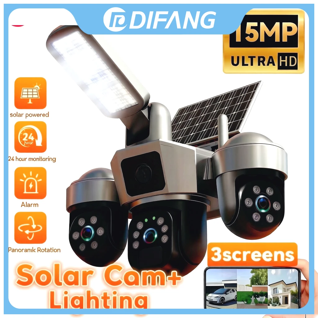 DIFANG V380 8K 15MP Solar Powered Security Camera 3-Len 3-Screen PTZ Ai Tracking Solar Lighting WiFi 4G Wireless Outdoor IP Cam