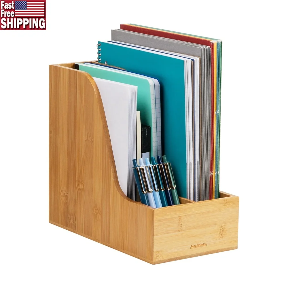 

Vertical File Storage Organizer Bamboo Desk Holder Compact Magazine Rack Office Supplies Minimalist Design Durable Easy Clean