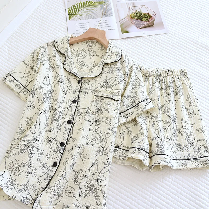 

Gauze Women's Nightie Pajamas Set Short Sleeve Sleepwear Pijams For Women Nightwear Pure Cotton Floral Print Home Wear