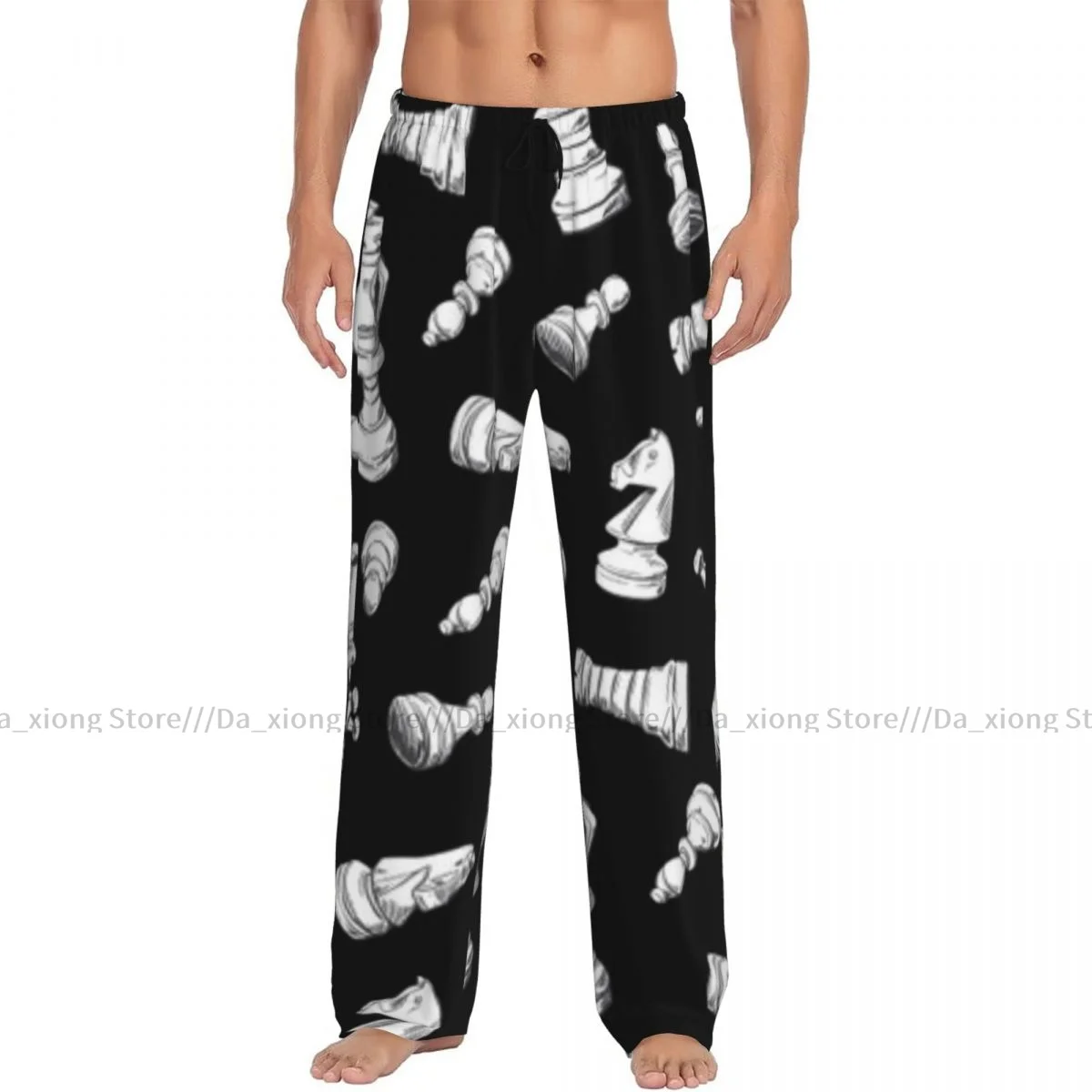 Men's Sleepwear Loose Sleep Pants Pajamas Chess Figures Pattern Long Lounge Bottoms Casual Homewear