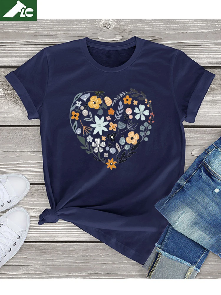 

FLC Brand Flower Heart T Shirt For Women Funny Wildflower Floral Women Clothing Summer Unisex Cute Girls Colthes Tops Tees