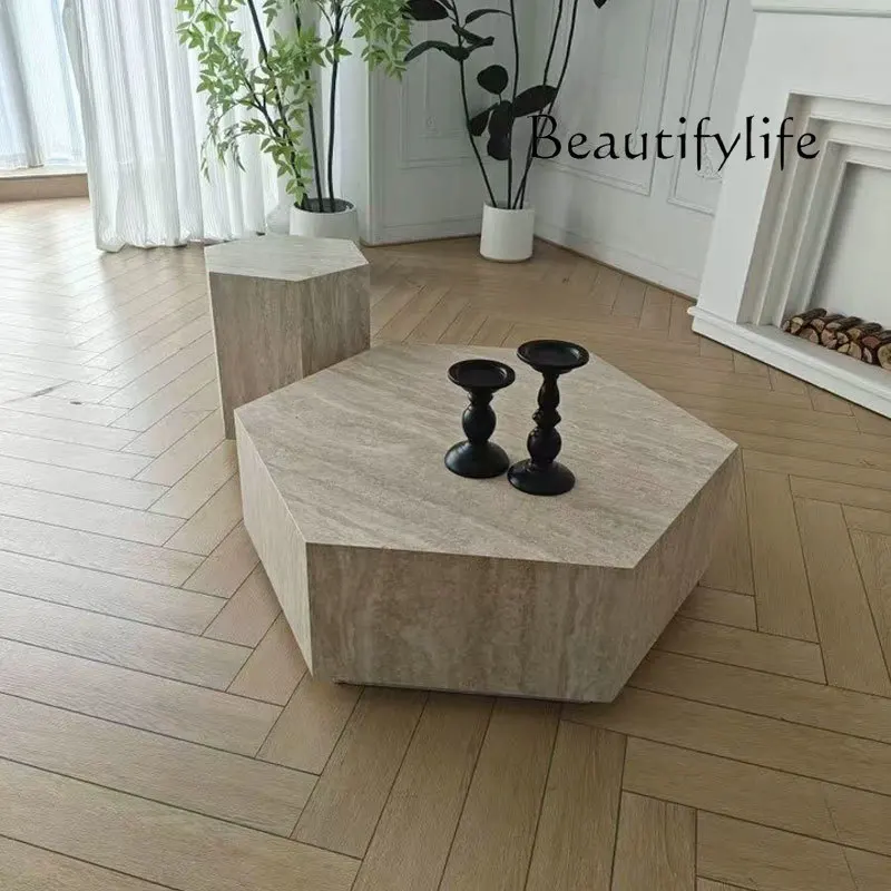 

Vintage-Style Solid Wood Travertine-Patterned Coffee Table Minimalist Modern Living Room Home Use Round Light Luxury Premium Sid