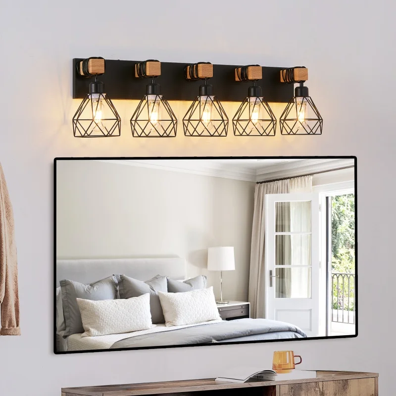 

Vintage Industrial Vanity Light, 5-Head Black Metal Cage Wall Lamp with Wooden Accents, Farmhouse Lighting for Bathroom Mirror, Corridor, Entryway