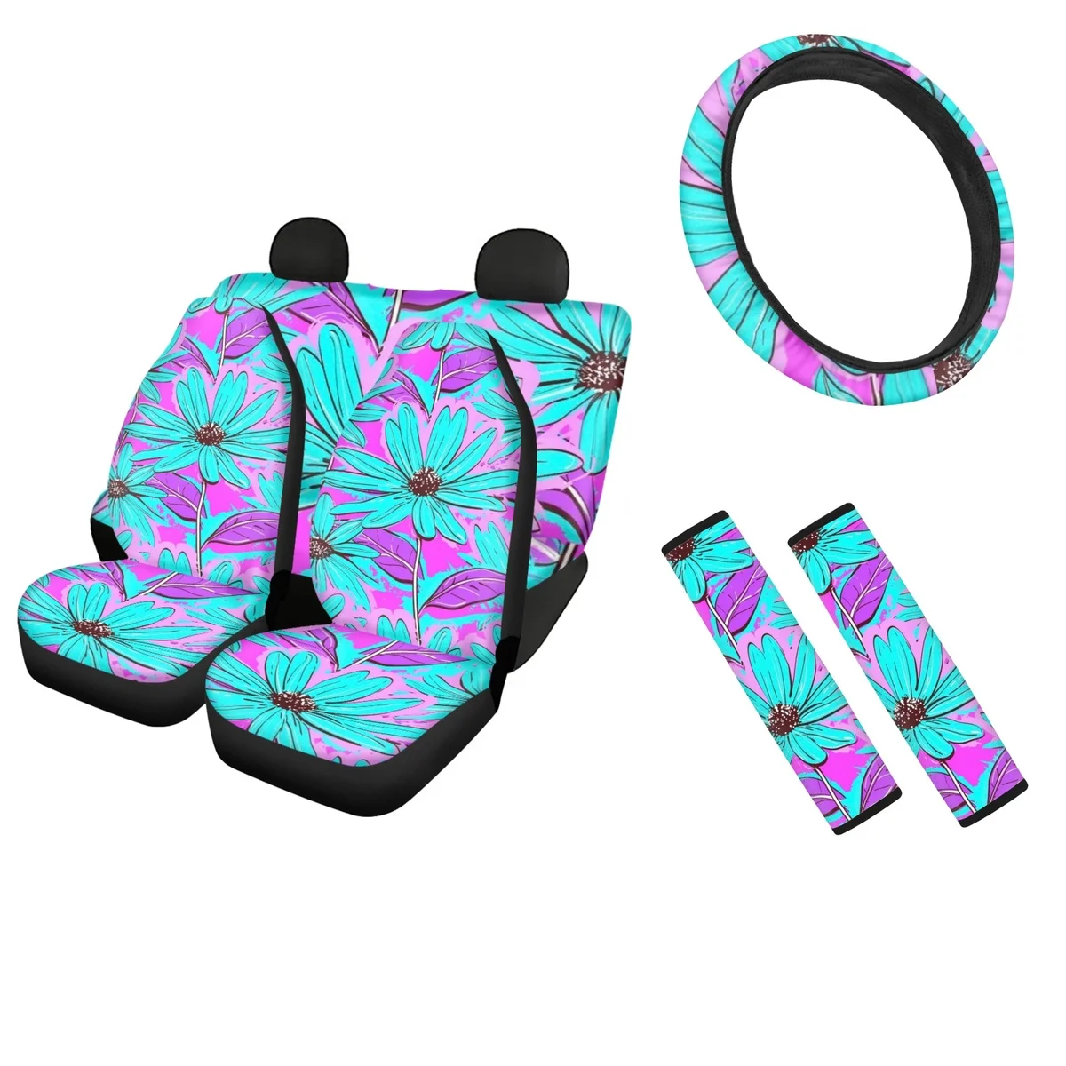 Hawaiian Hibiscus Flower Design Car Interior Seat Covers Easy Clean Sedan Truck Steering Wheel Cover Seatbelt Shoulder Strap