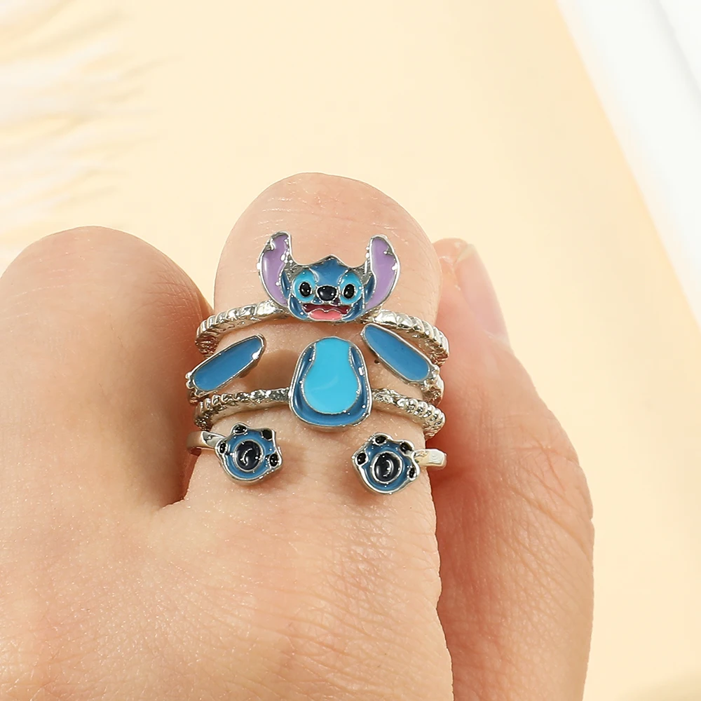 Disney Lilo & Stitch Opening Rings Cartoon Cute Stitch Adjustable Ring Funny Separable Finger Jewelry for Women Multilayer Ring